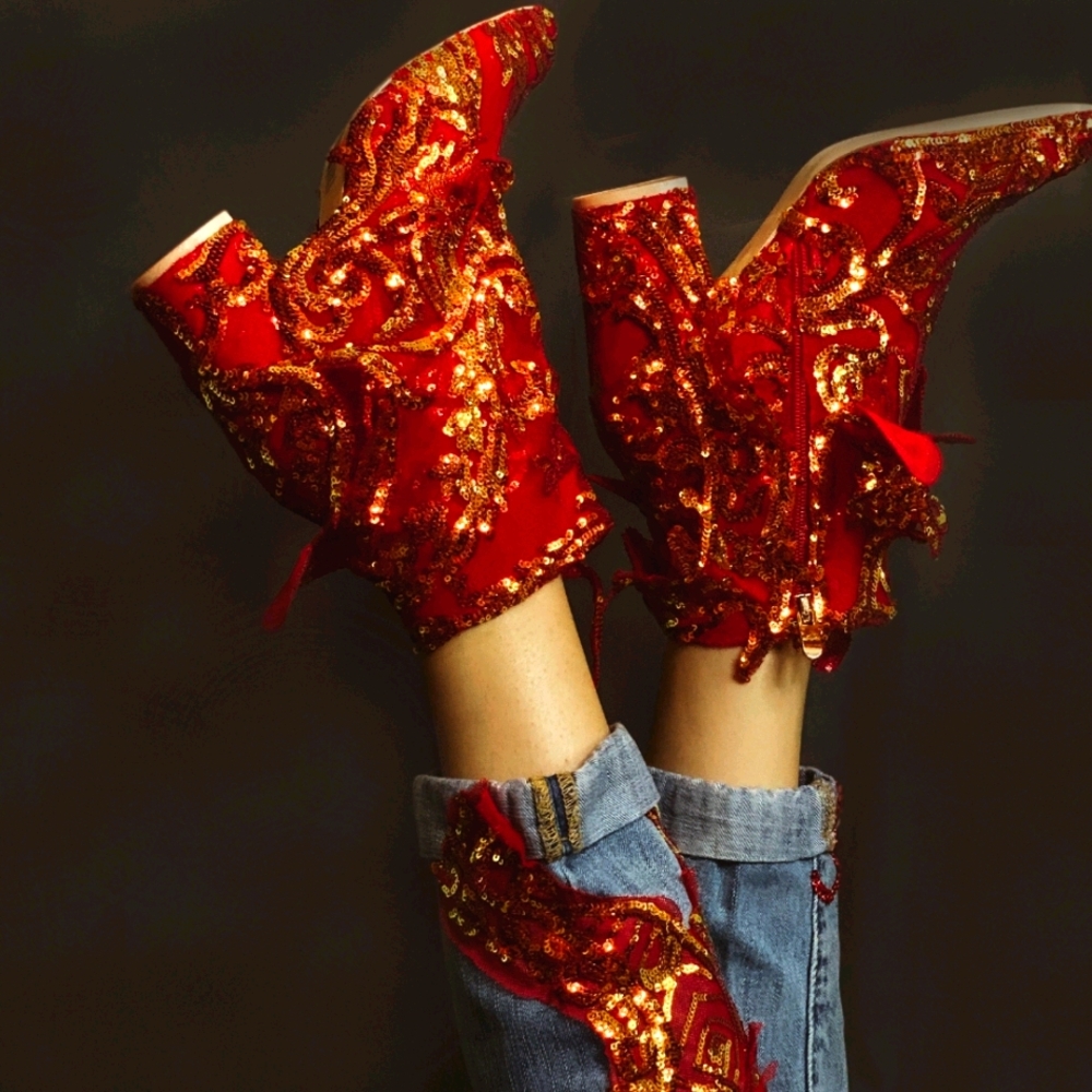 Custom Order Red Embroidered Sequin Booties